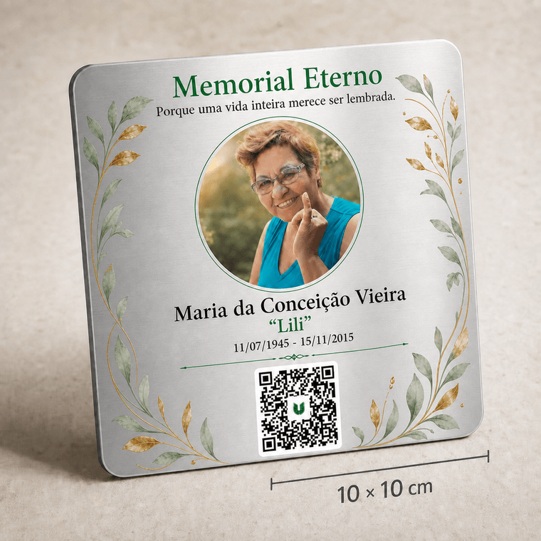 Placa memorial personalizada em inox com QR Code para túmulo, 10 por 10 centímetros