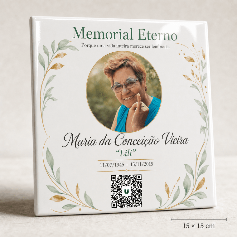 Placa memorial personalizada em porcelana com QR Code para lápide, 15 por 15 centímetros